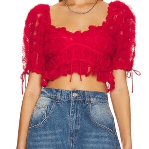 For Love and Lemons Hannah Crop top - Red Lace Puff Sleeve Crop Top